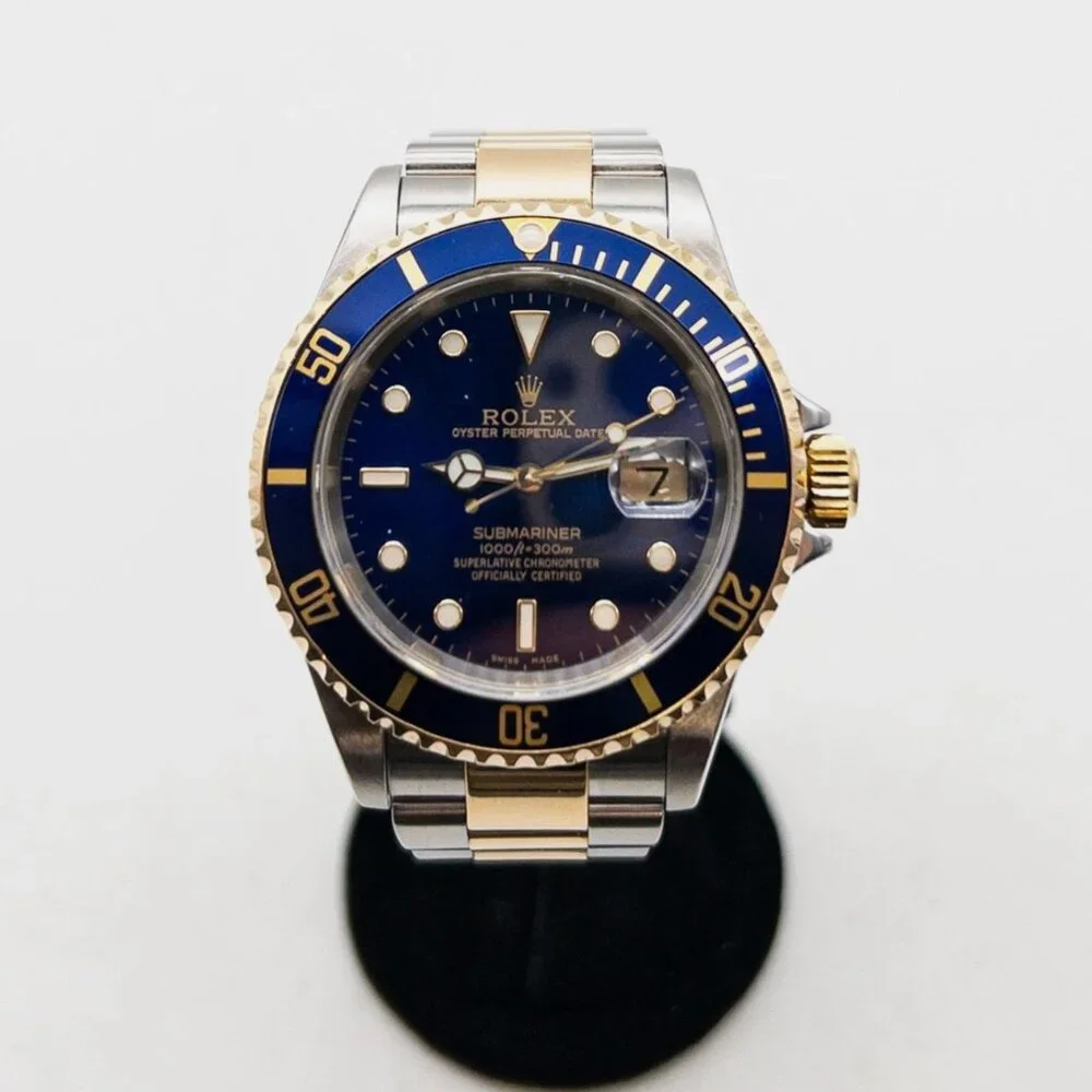 RARE Rolex BLUE SUBMARINER MINT 18k Yellow Gold SS Mens Watch BOX PAPERS